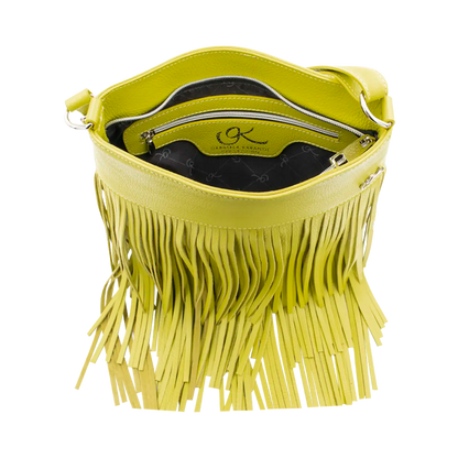 yellow leather shoulder bag with 3 layers of fringe. Fashion accessories, for women in San Diego, CA.