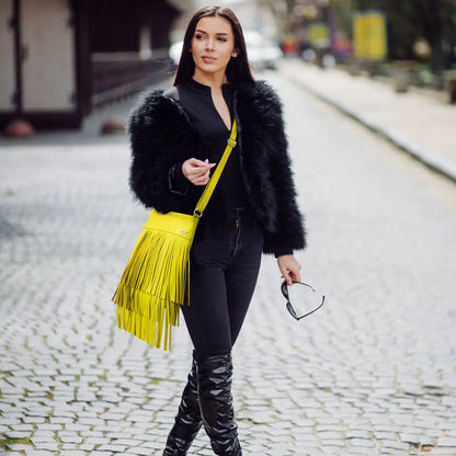 yellow leather shoulder bag with 3 layers of fringe. Fashion accessories, for women in San Diego, CA.