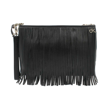 black small black leather crossbody bag with fringe. Fashion accessory for women in San Diego, CA.