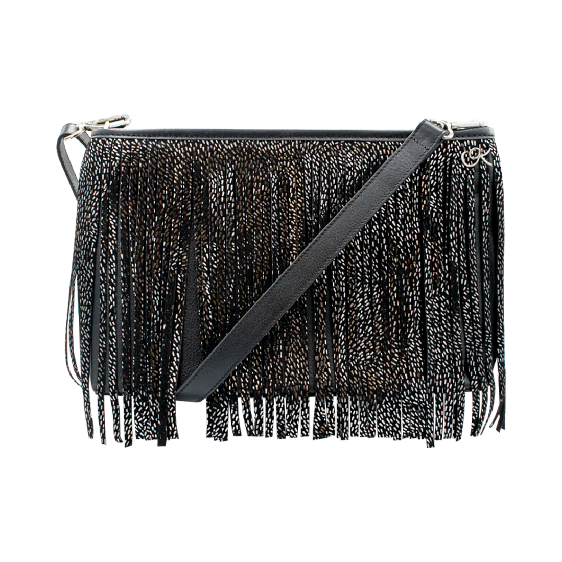 black silver stripe small black leather crossbody bag with fringe. Fashion accessory for women in San Diego, CA.