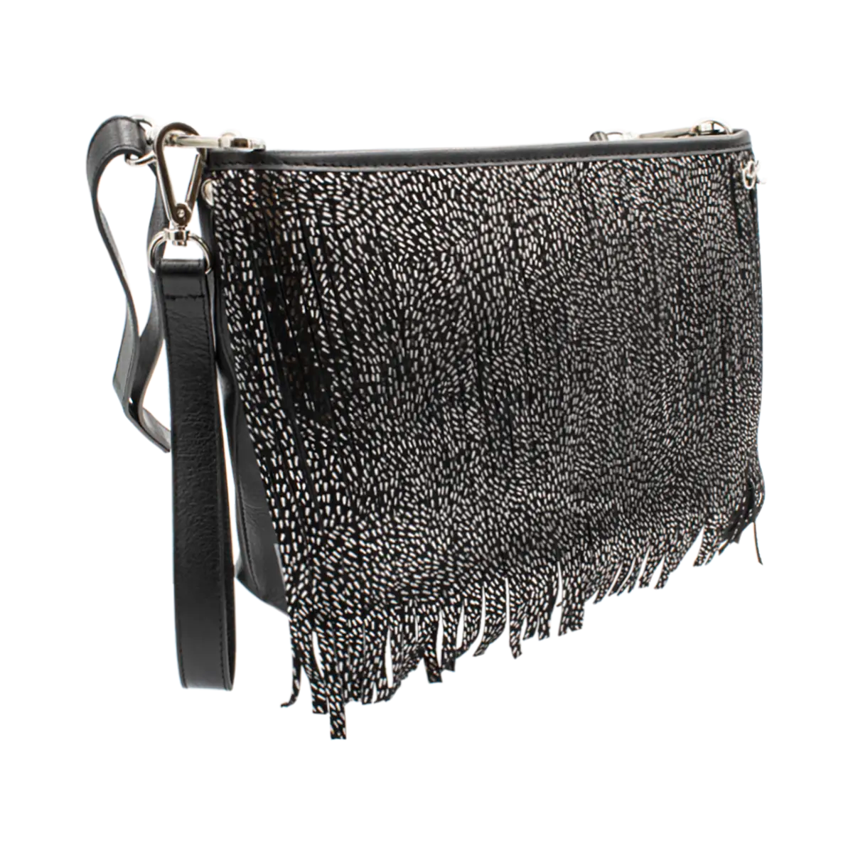 black silver stripe small black leather crossbody bag with fringe. Fashion accessory for women in San Diego, CA.