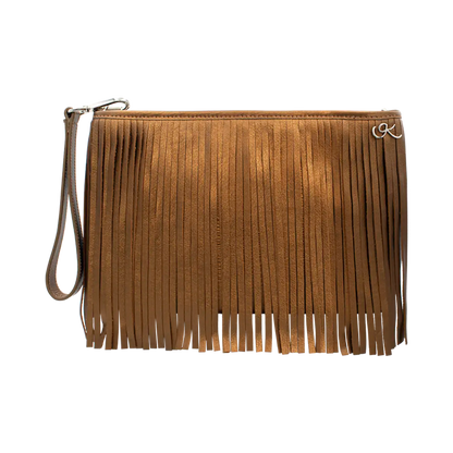 bronze small black leather crossbody bag with fringe. Fashion accessory for women in San Diego, CA.