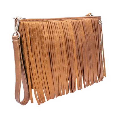 bronze small black leather crossbody bag with fringe. Fashion accessory for women in San Diego, CA.