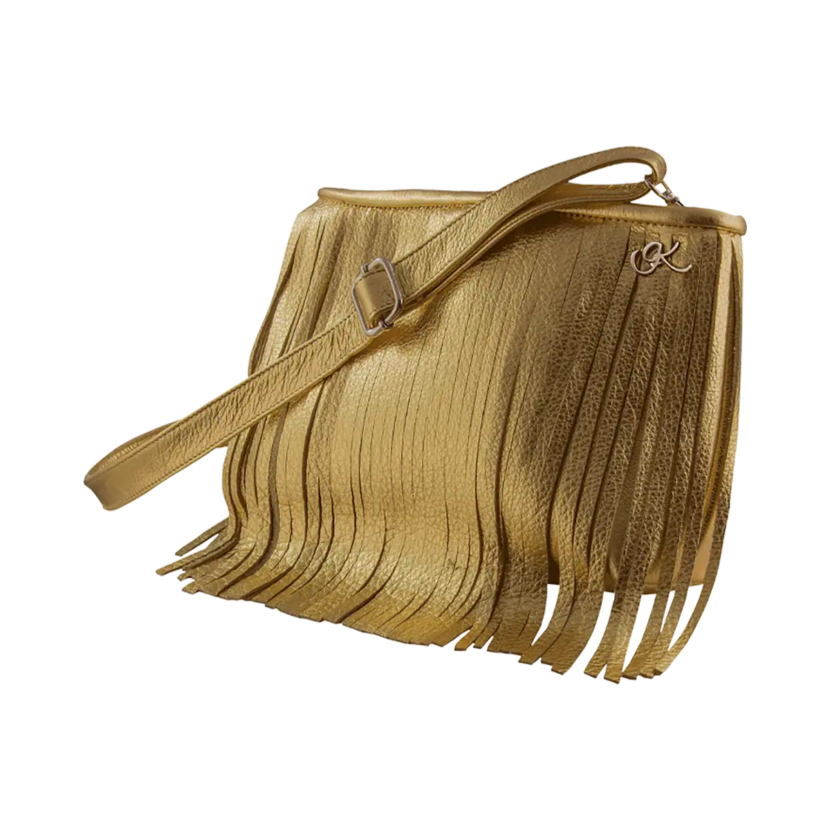 gold small black leather crossbody bag with fringe. Fashion accessory for women in San Diego, CA.
