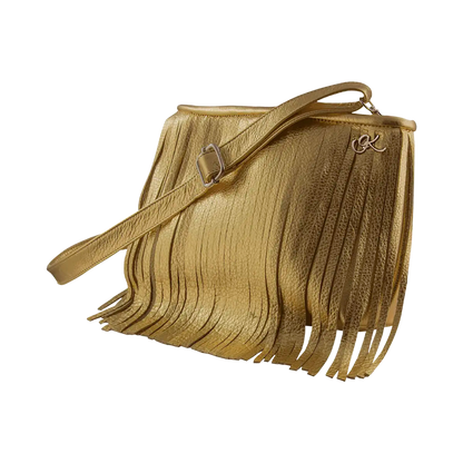 gold small black leather crossbody bag with fringe. Fashion accessory for women in San Diego, CA.