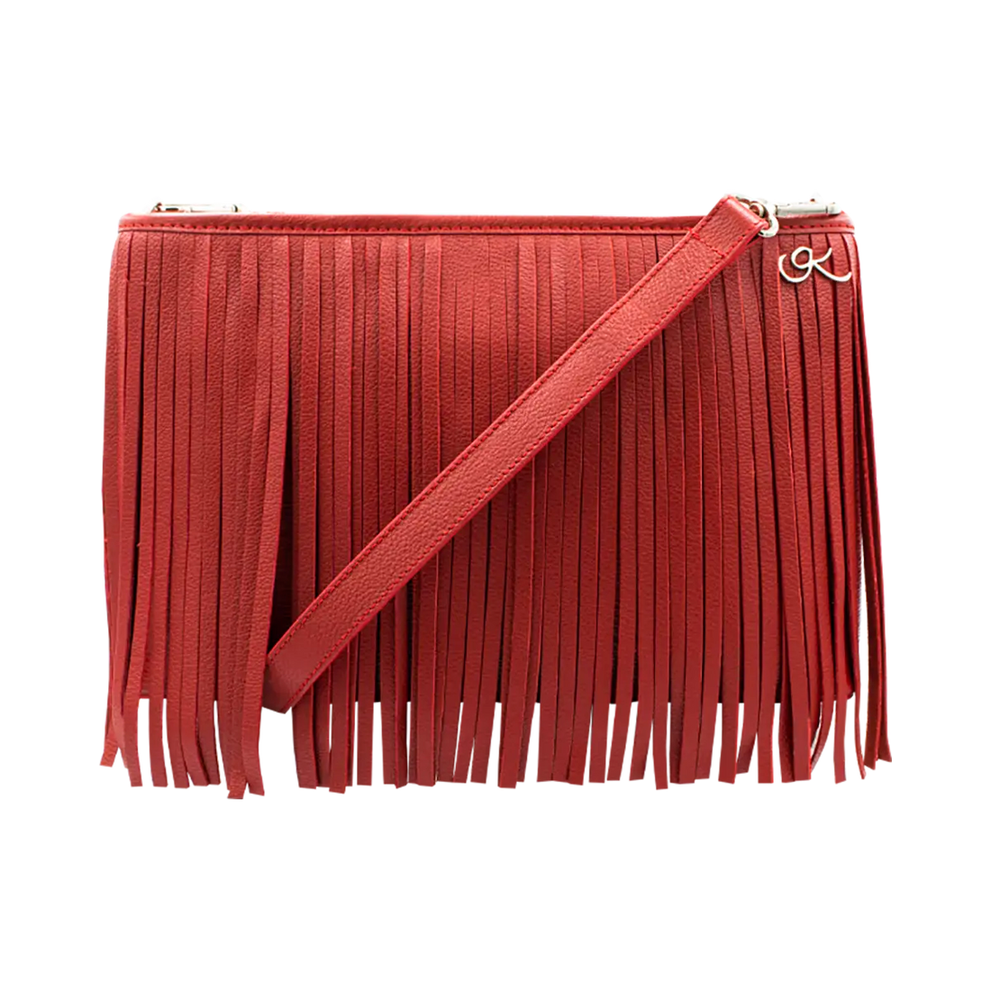 red small black leather crossbody bag with fringe. Fashion accessory for women in San Diego, CA.