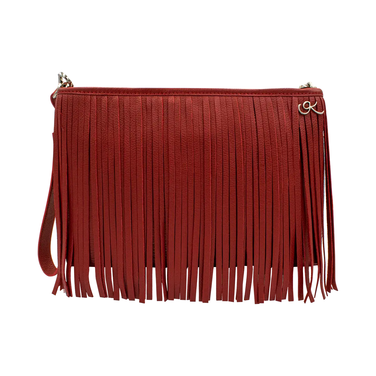red small black leather crossbody bag with fringe. Fashion accessory for women in San Diego, CA.