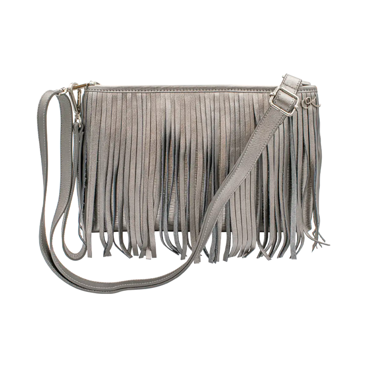 siver small black leather crossbody bag with fringe. Fashion accessory for women in San Diego, CA.
