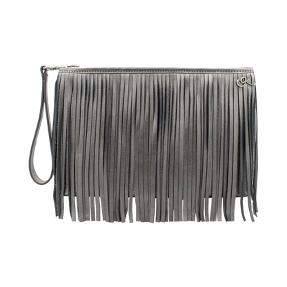 siver small black leather crossbody bag with fringe. Fashion accessory for women in San Diego, CA.