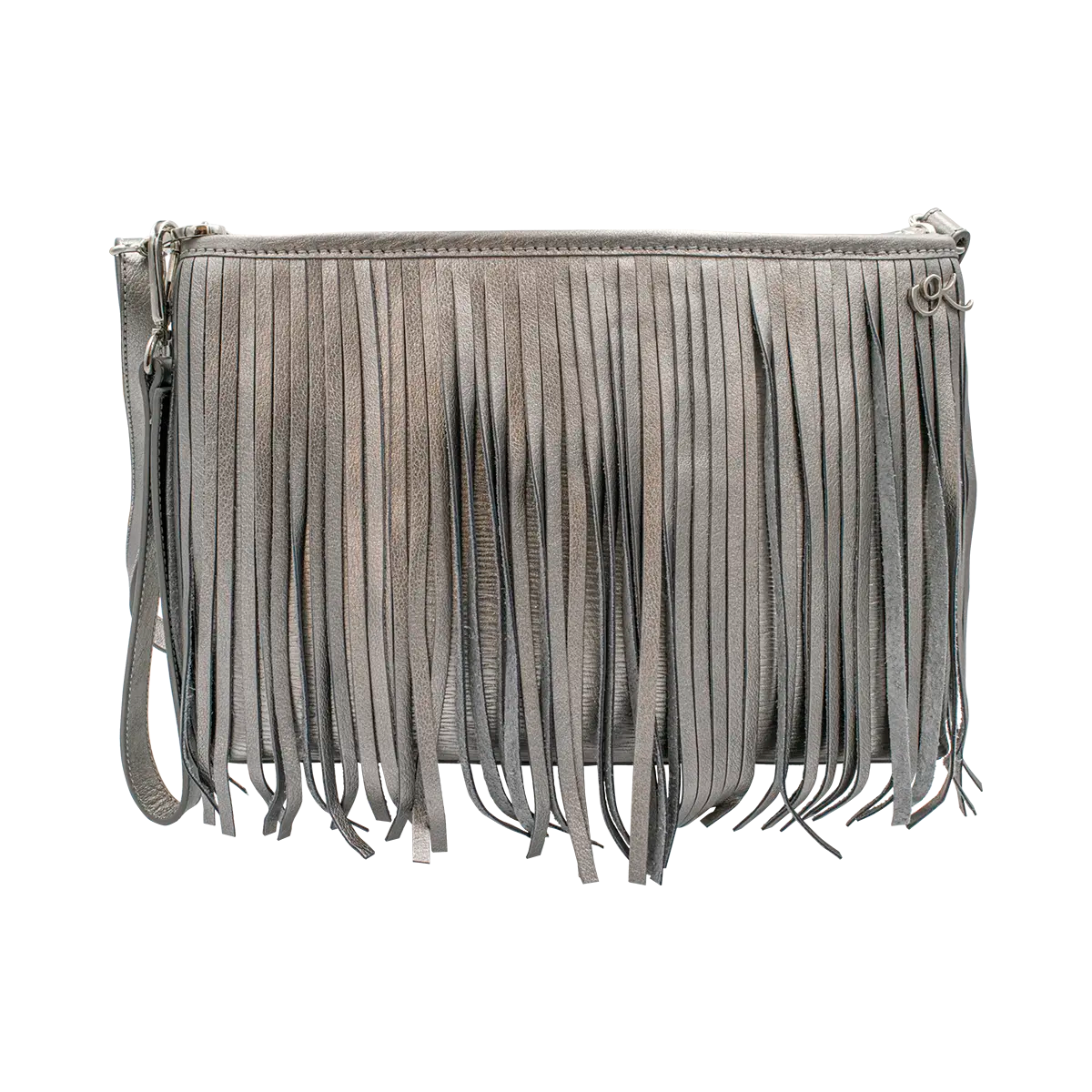 siver small black leather crossbody bag with fringe. Fashion accessory for women in San Diego, CA.