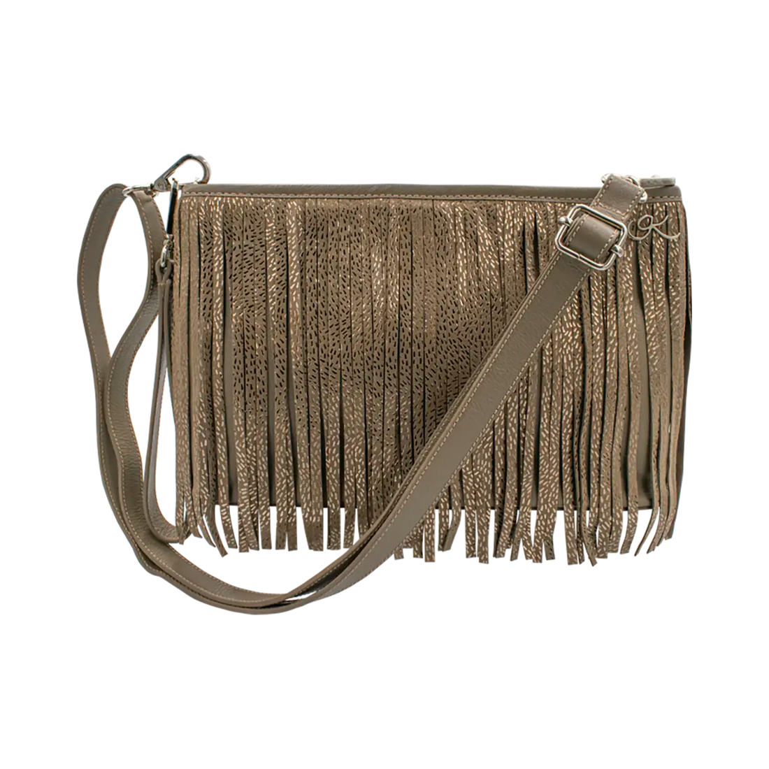 tan stripe small black leather crossbody bag with fringe. Fashion accessory for women in San Diego, CA.