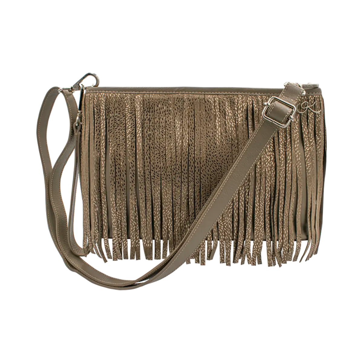 tan stripe small black leather crossbody bag with fringe. Fashion accessory for women in San Diego, CA.