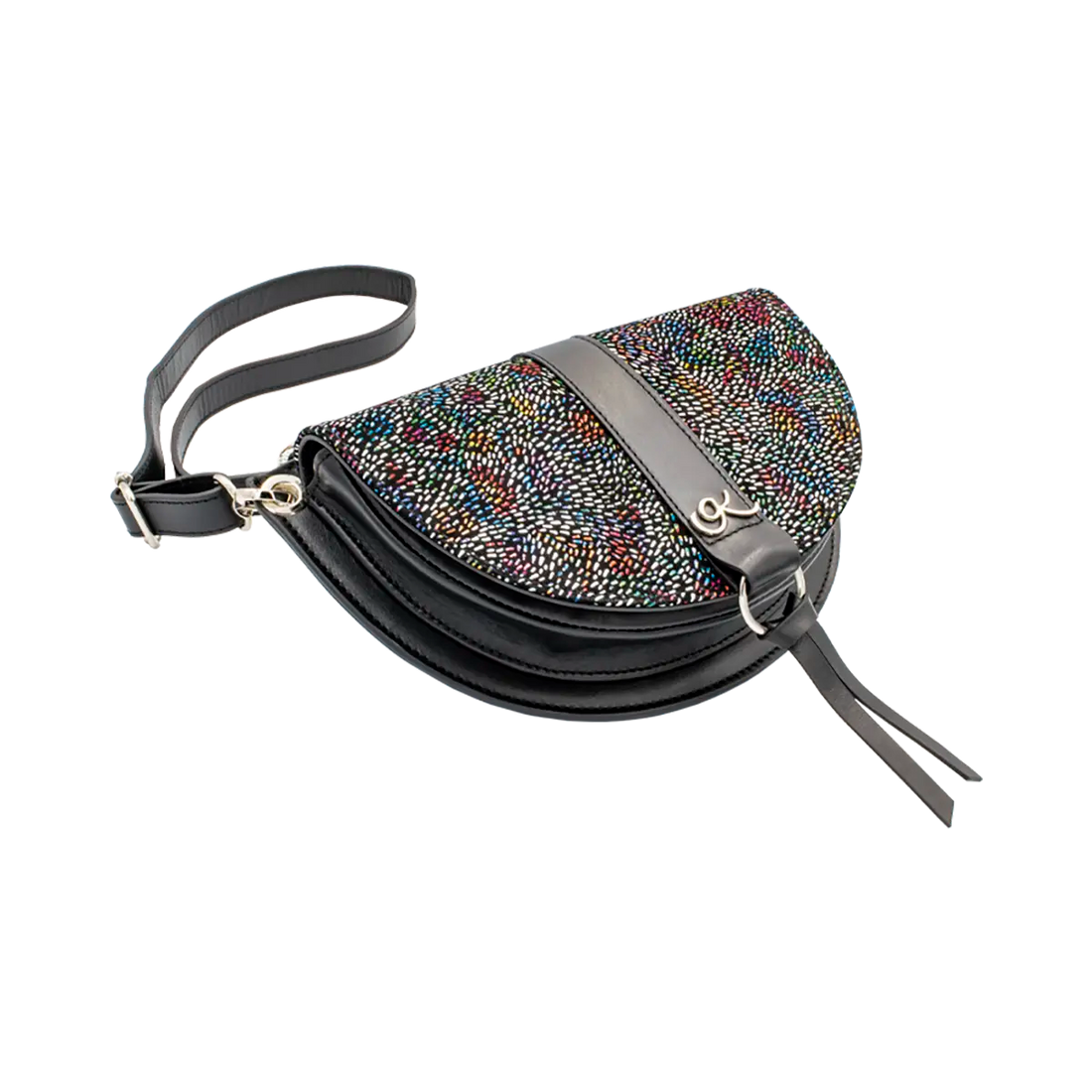 black multi stripe print leather crossbody bag and fanny pack. Accessory for women in San Diego, CA.
