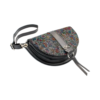 black multi stripe print leather crossbody bag and fanny pack. Accessory for women in San Diego, CA.