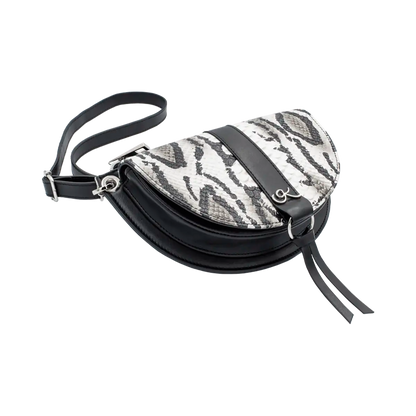 black white print print leather crossbody bag and fanny pack. Accessory for women in San Diego, CA.