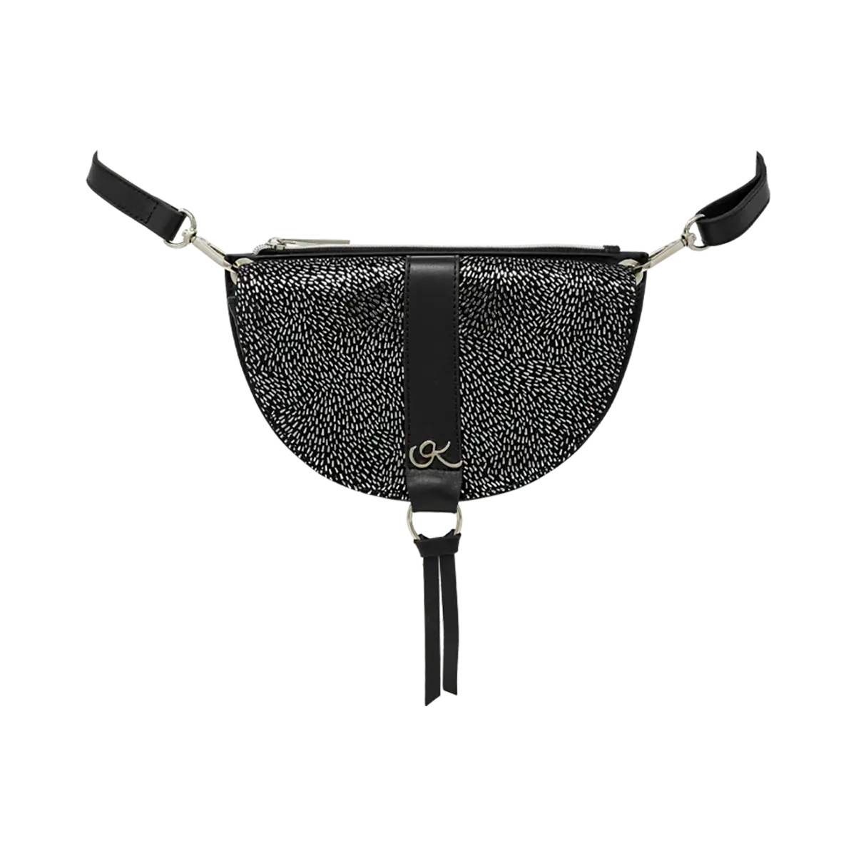 black silver stripe print leather crossbody bag and fanny pack. Accessory for women in San Diego, CA.