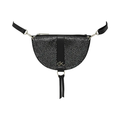 black silver stripe print leather crossbody bag and fanny pack. Accessory for women in San Diego, CA.