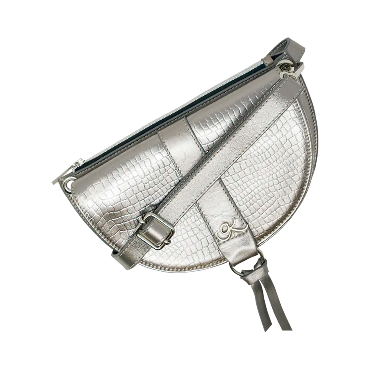 silver print leather crossbody bag and fanny pack. Accessory for women in San Diego, CA.
