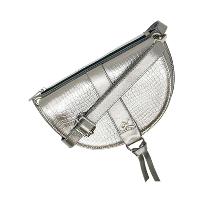 silver print leather crossbody bag and fanny pack. Accessory for women in San Diego, CA.