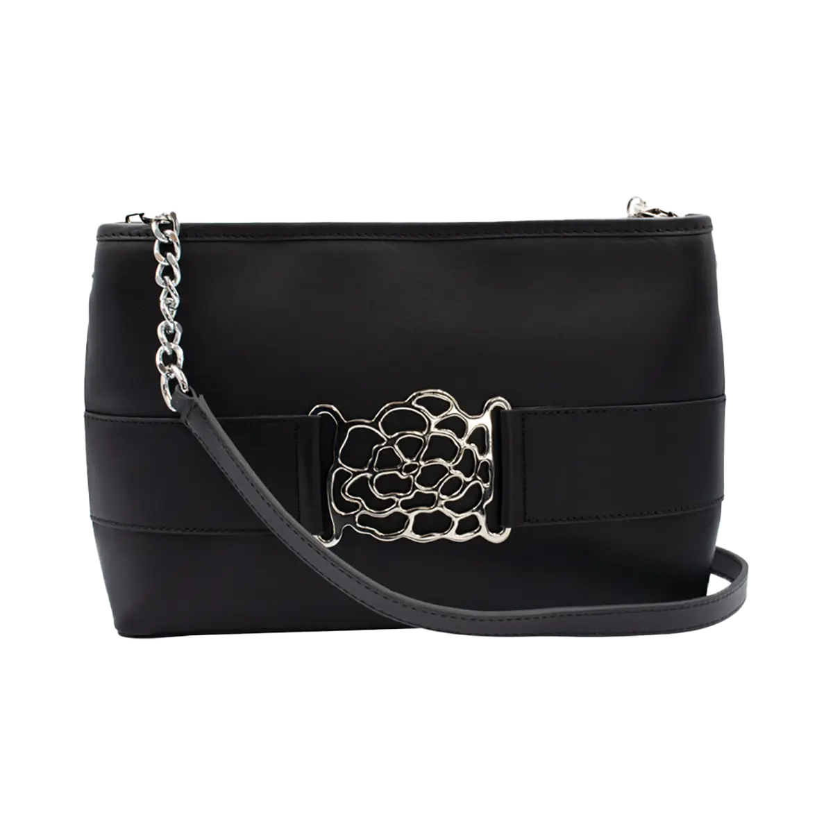 small black leather shoulder bag with metal accent. Fashion accessory for women in San Diego, CA.