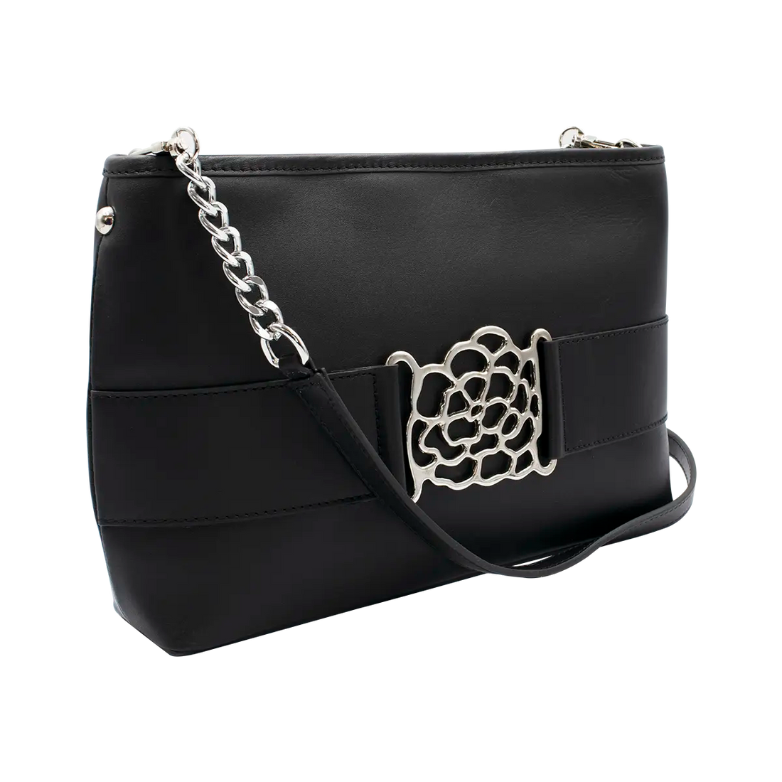 small black leather shoulder bag with metal accent. Fashion accessory for women in San Diego, CA.