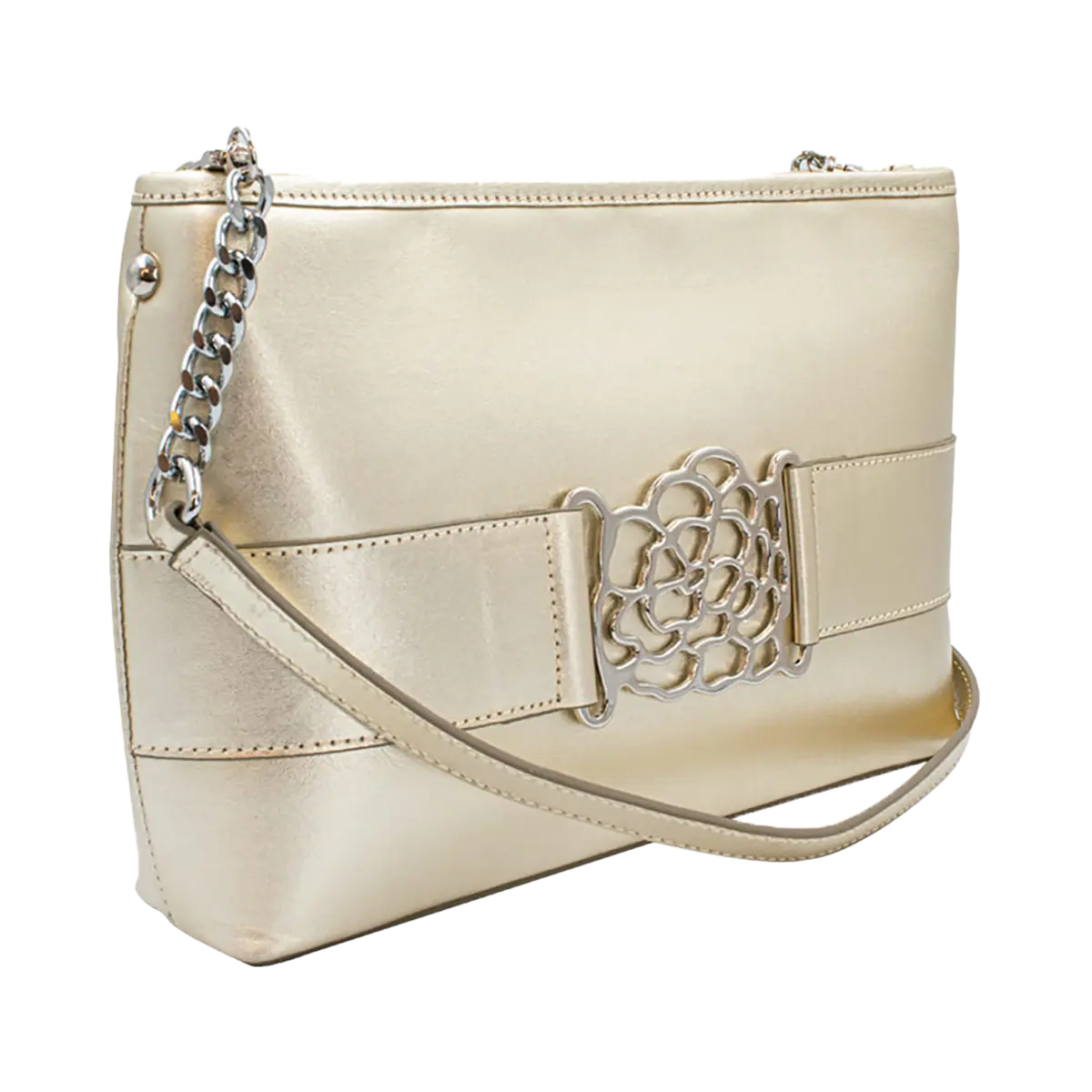 small light gold leather shoulder bag with metal accent. Fashion accessory for women in San Diego, CA.