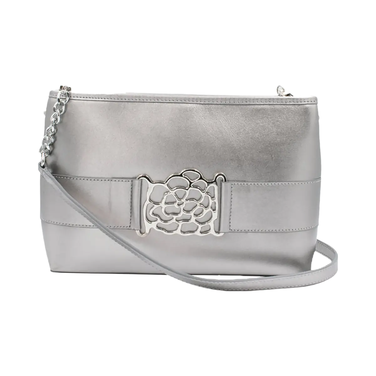 small silver leather shoulder bag with metal accent. Fashion accessory for women in San Diego, CA.