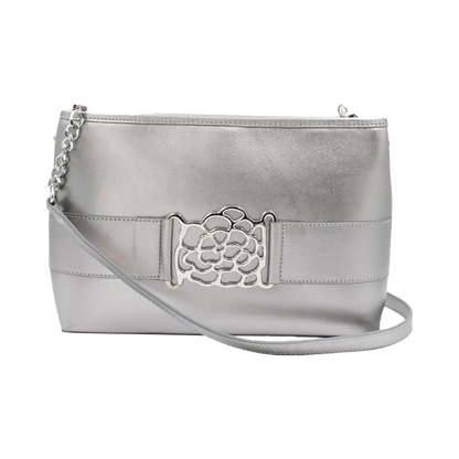 small silver leather shoulder bag with metal accent. Fashion accessory for women in San Diego, CA.