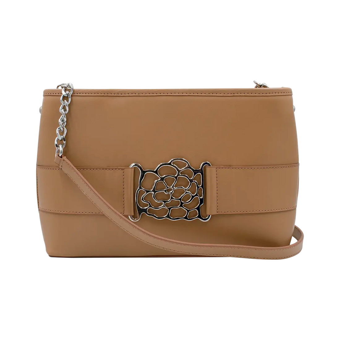 small tan leather shoulder bag with metal accent. Fashion accessory for women in San Diego, CA.