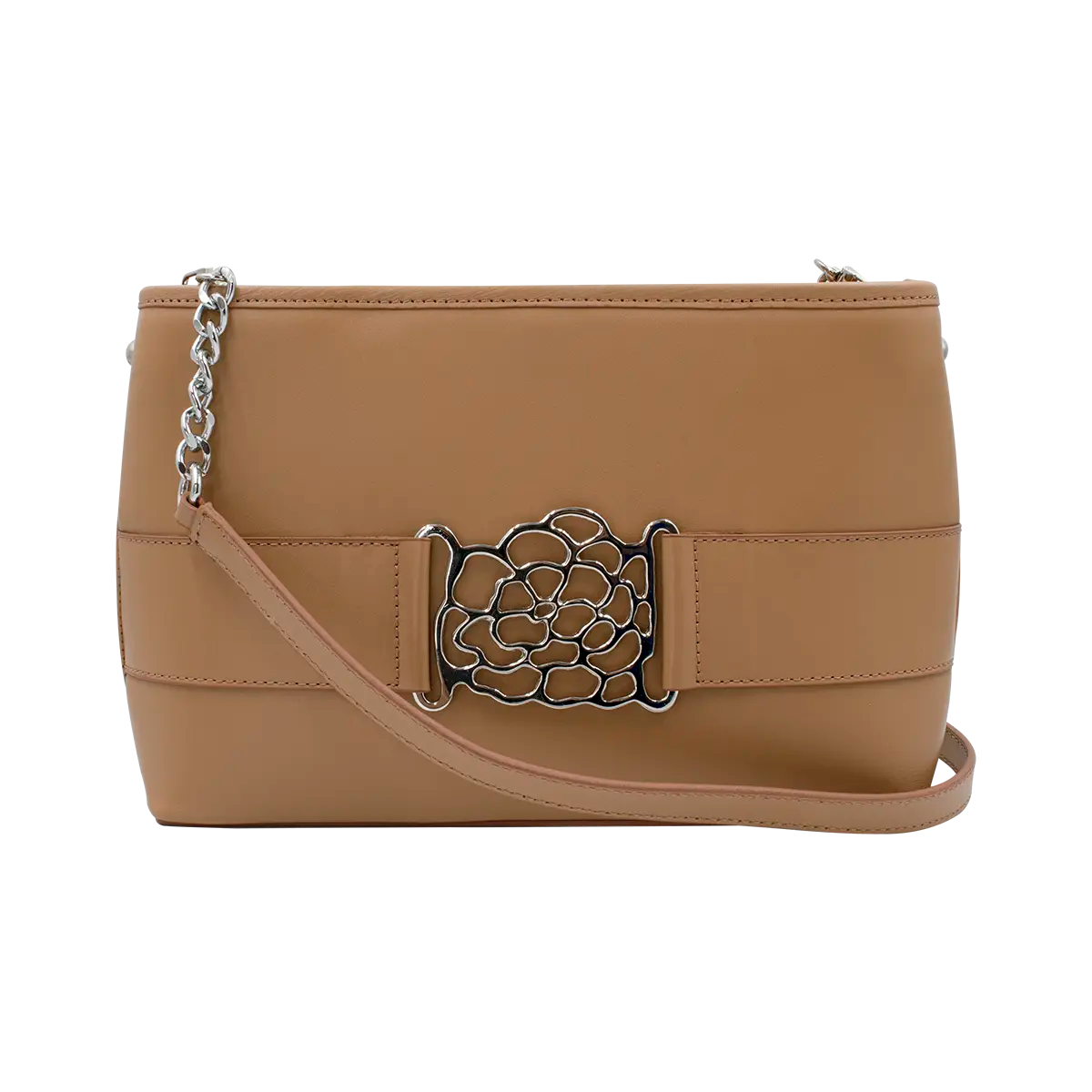 small tan leather shoulder bag with metal accent. Fashion accessory for women in San Diego, CA.