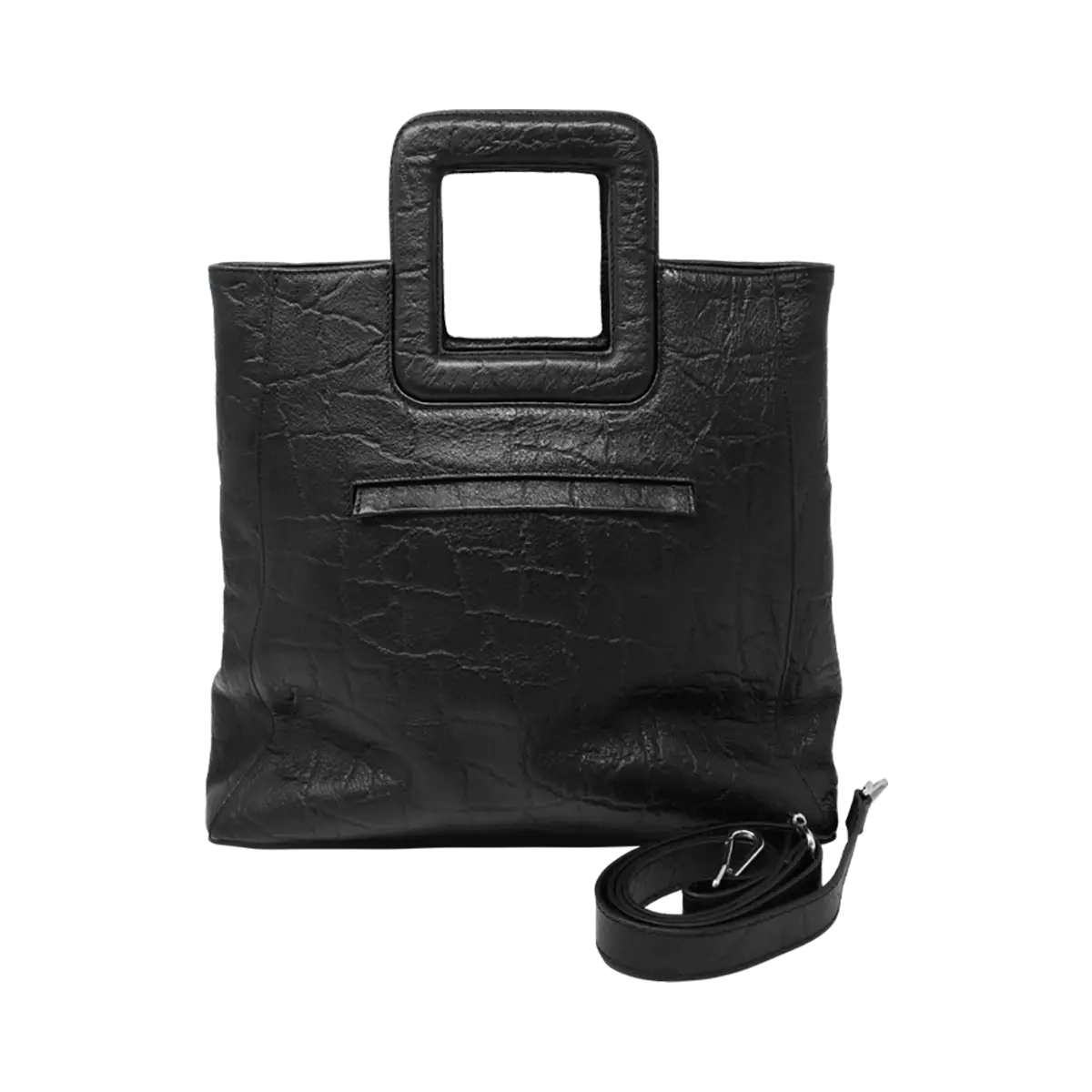 large black leather print handbag with a square handle. Accessory for women in San Diego, CA.