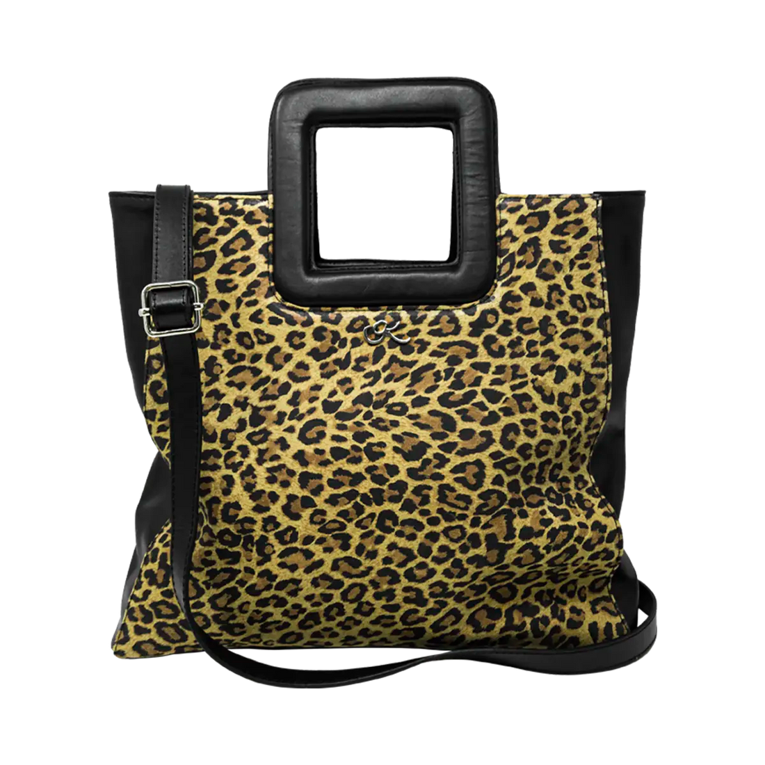 large black animal print leather print handbag with a square handle. Accessory for women in San Diego, CA.