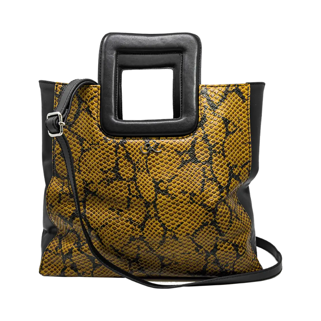 large black brown print leather print handbag with a square handle. Accessory for women in San Diego, CA.
