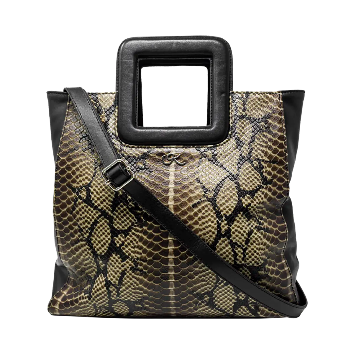 large black tan print leather print handbag with a square handle. Accessory for women in San Diego, CA.