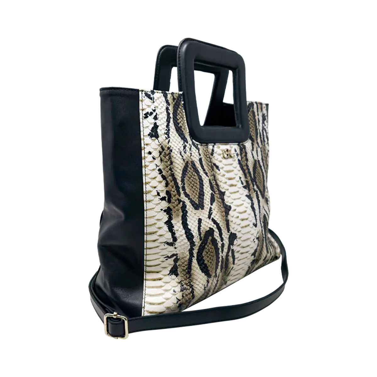 large black white print leather print handbag with a square handle. Accessory for women in San Diego, CA.