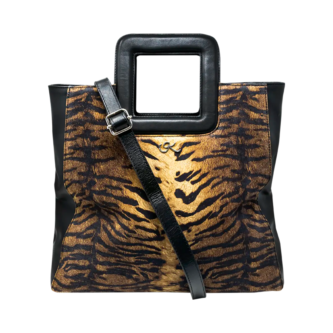 large black stripe print leather print handbag with a square handle. Accessory for women in San Diego, CA.