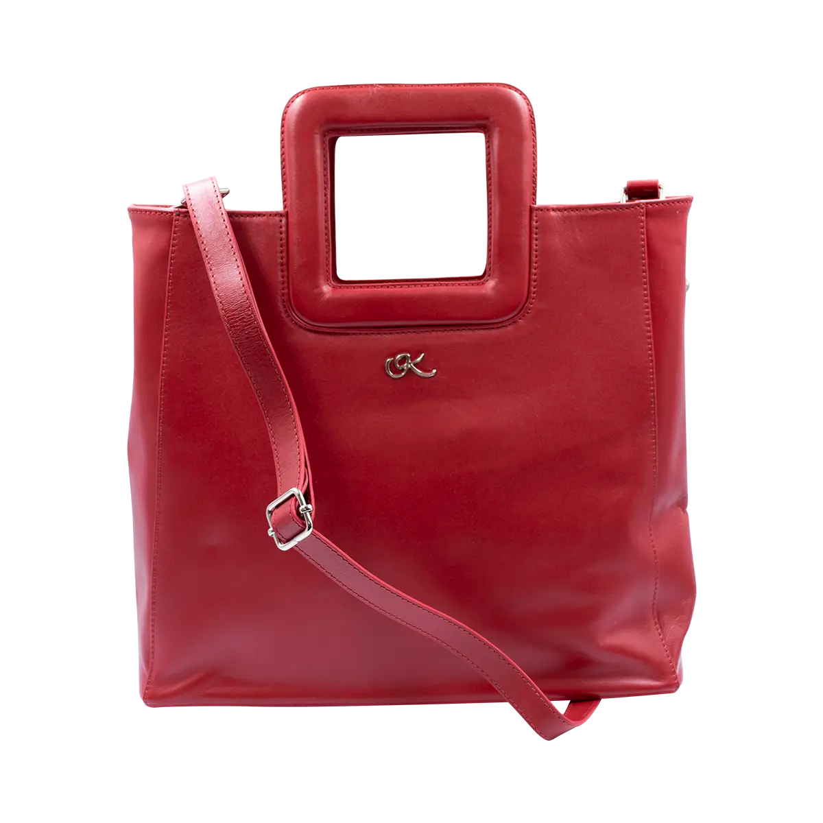 large red leather print handbag with a square handle. Accessory for women in San Diego, CA.