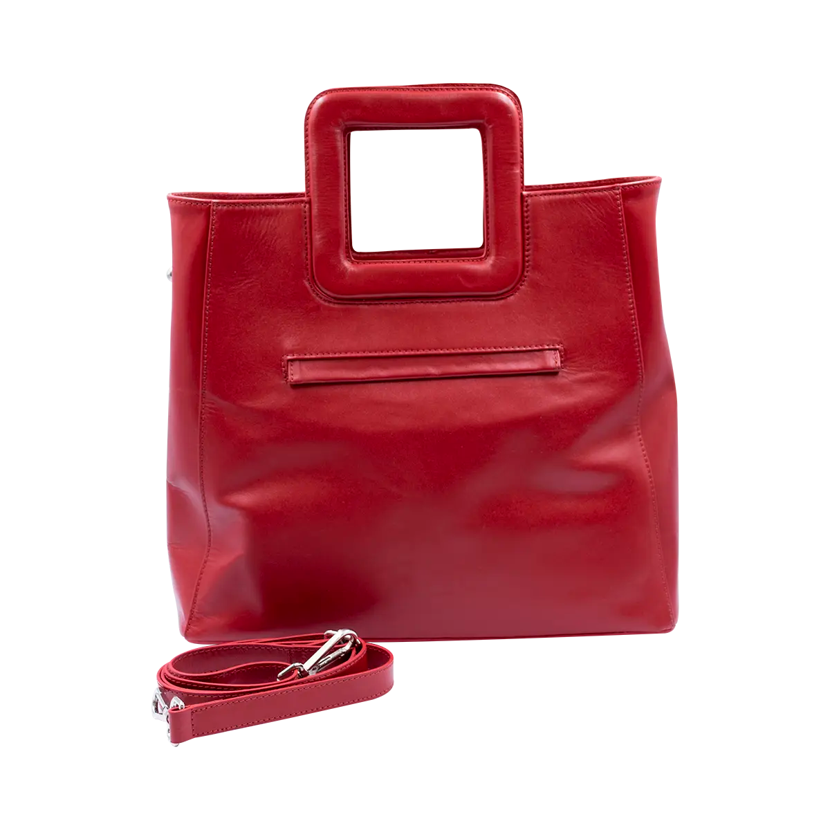 large red leather print handbag with a square handle. Accessory for women in San Diego, CA.