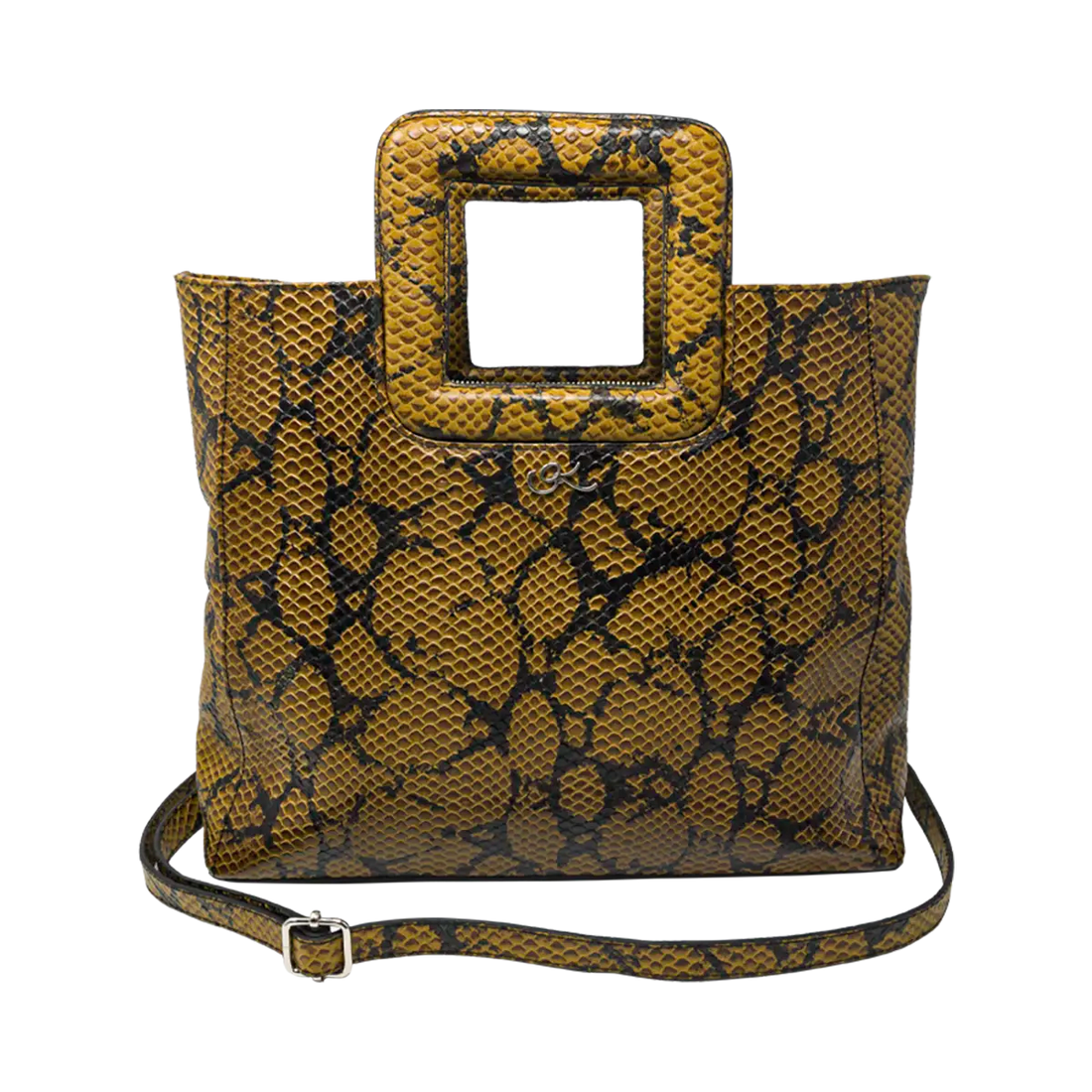 large brown print leather print handbag with a square handle. Accessory for women in San Diego, CA.