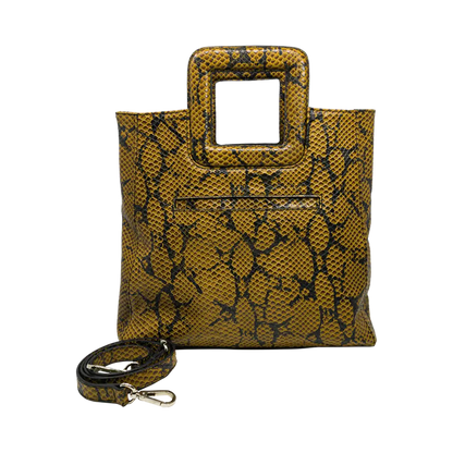 large brown print leather print handbag with a square handle. Accessory for women in San Diego, CA.