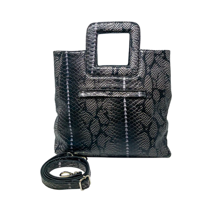 large gray print leather print handbag with a square handle. Accessory for women in San Diego, CA.