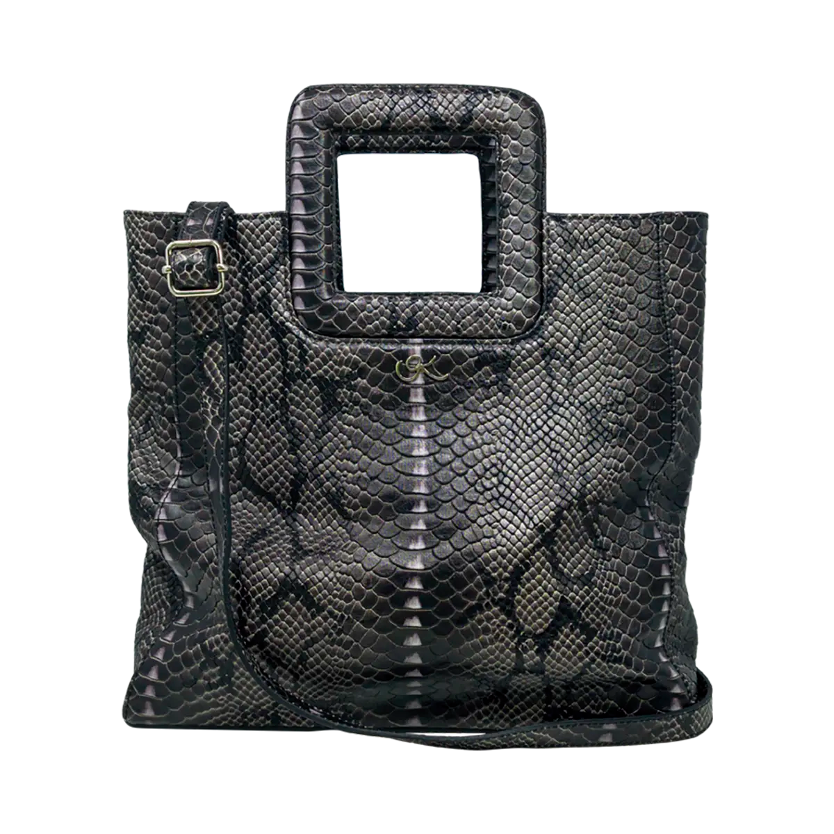 large gray print leather print handbag with a square handle. Accessory for women in San Diego, CA.