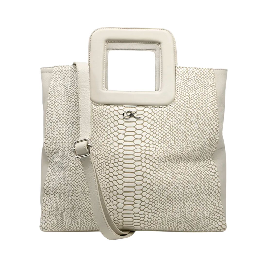 large ivory print ltd leather print handbag with a square handle. Accessory for women in San Diego, CA.