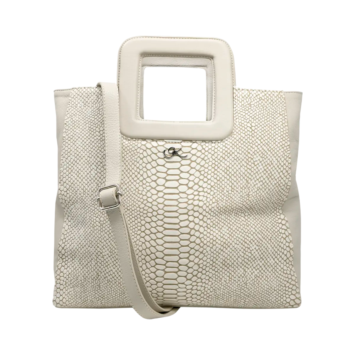 large ivory print ltd leather print handbag with a square handle. Accessory for women in San Diego, CA.