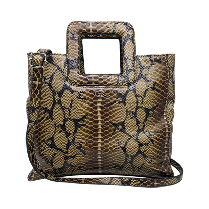 large tan print leather print handbag with a square handle. Accessory for women in San Diego, CA. 