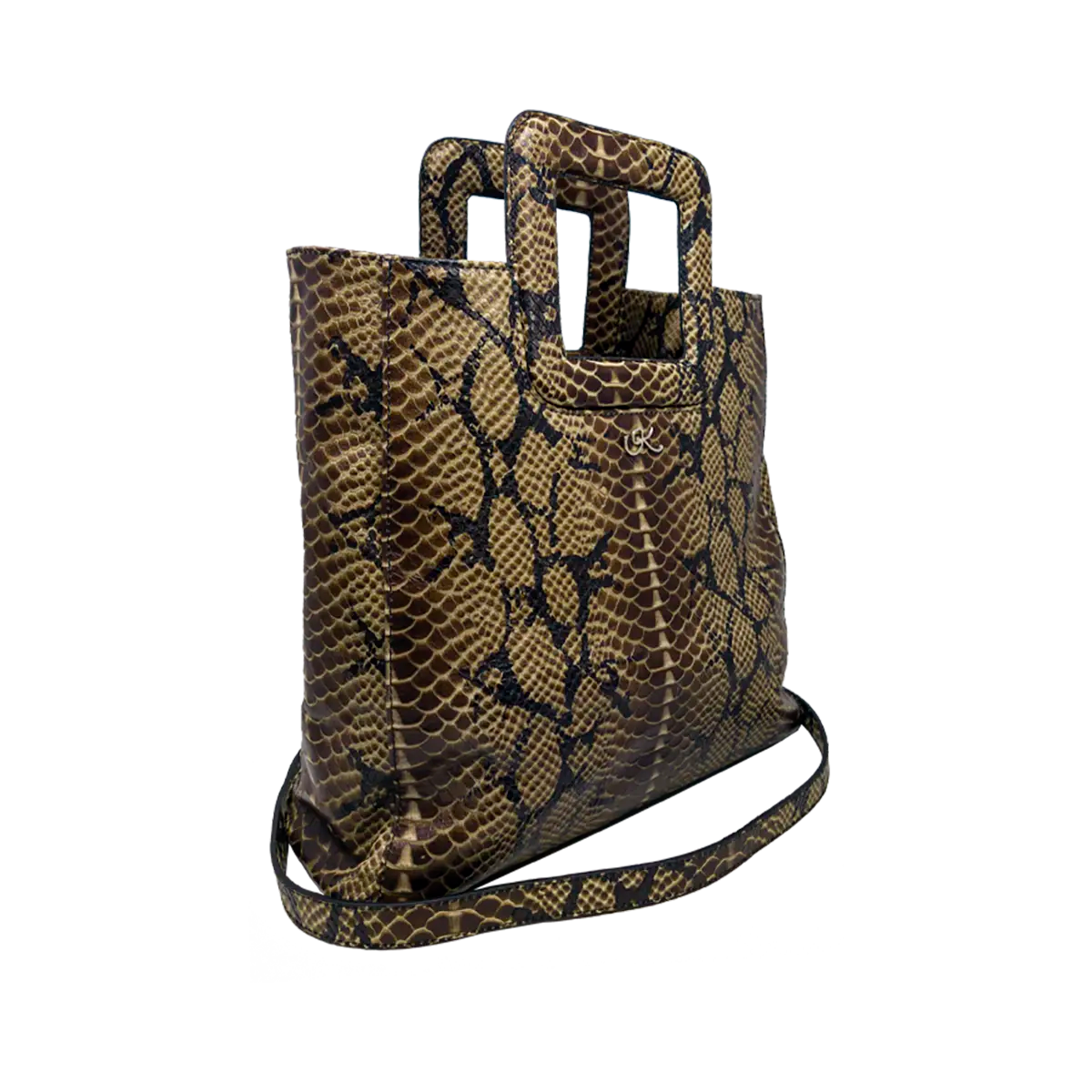 large tan print leather print handbag with a square handle. Accessory for women in San Diego, CA.