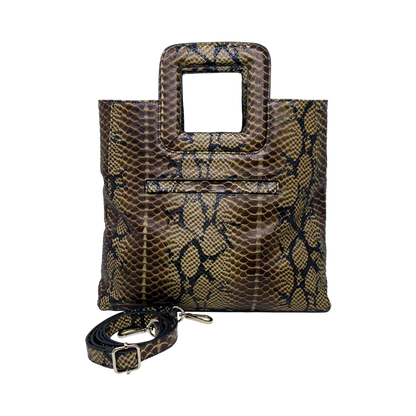 large tan print leather print handbag with a square handle. Accessory for women in San Diego, CA.