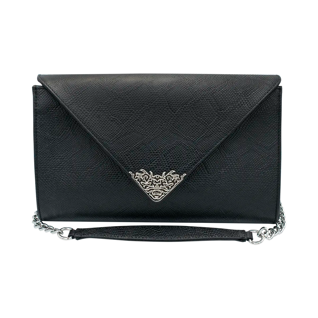 large black print leather clutch with strap. Fashion accessory for women in San Diego, CA.