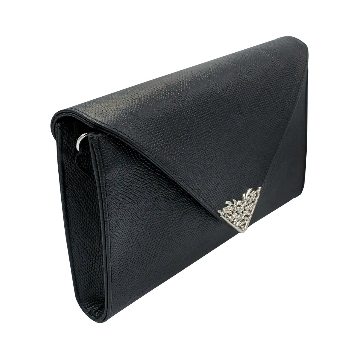 large black print leather clutch with strap. Fashion accessory for women in San Diego, CA.