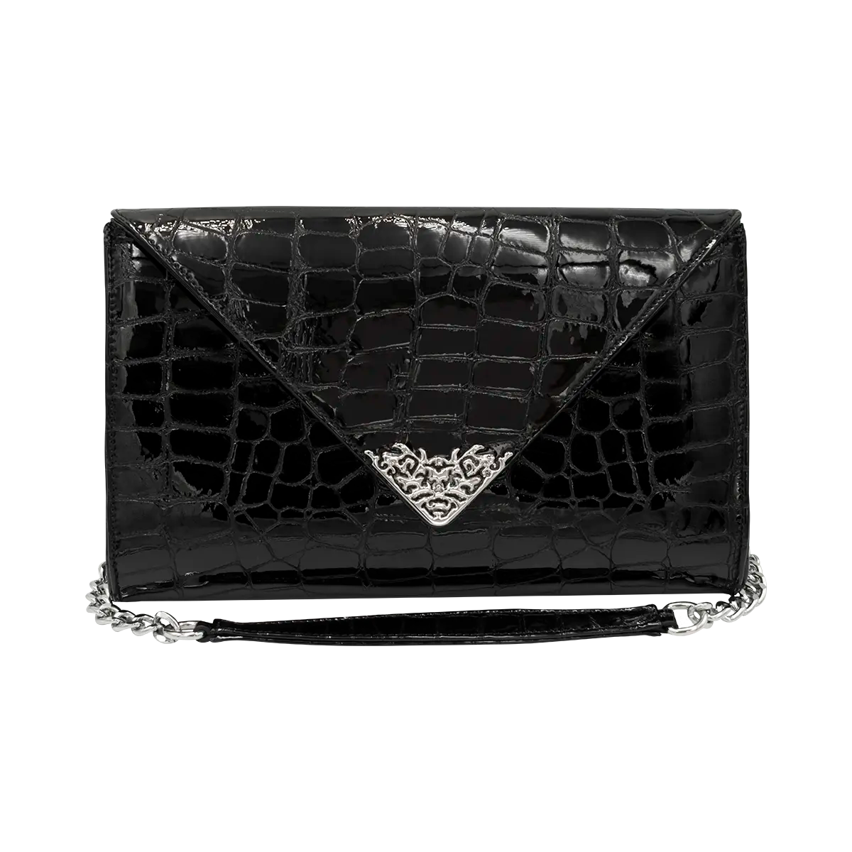 large black patent print leather clutch with strap. Fashion accessory for women in San Diego, CA.